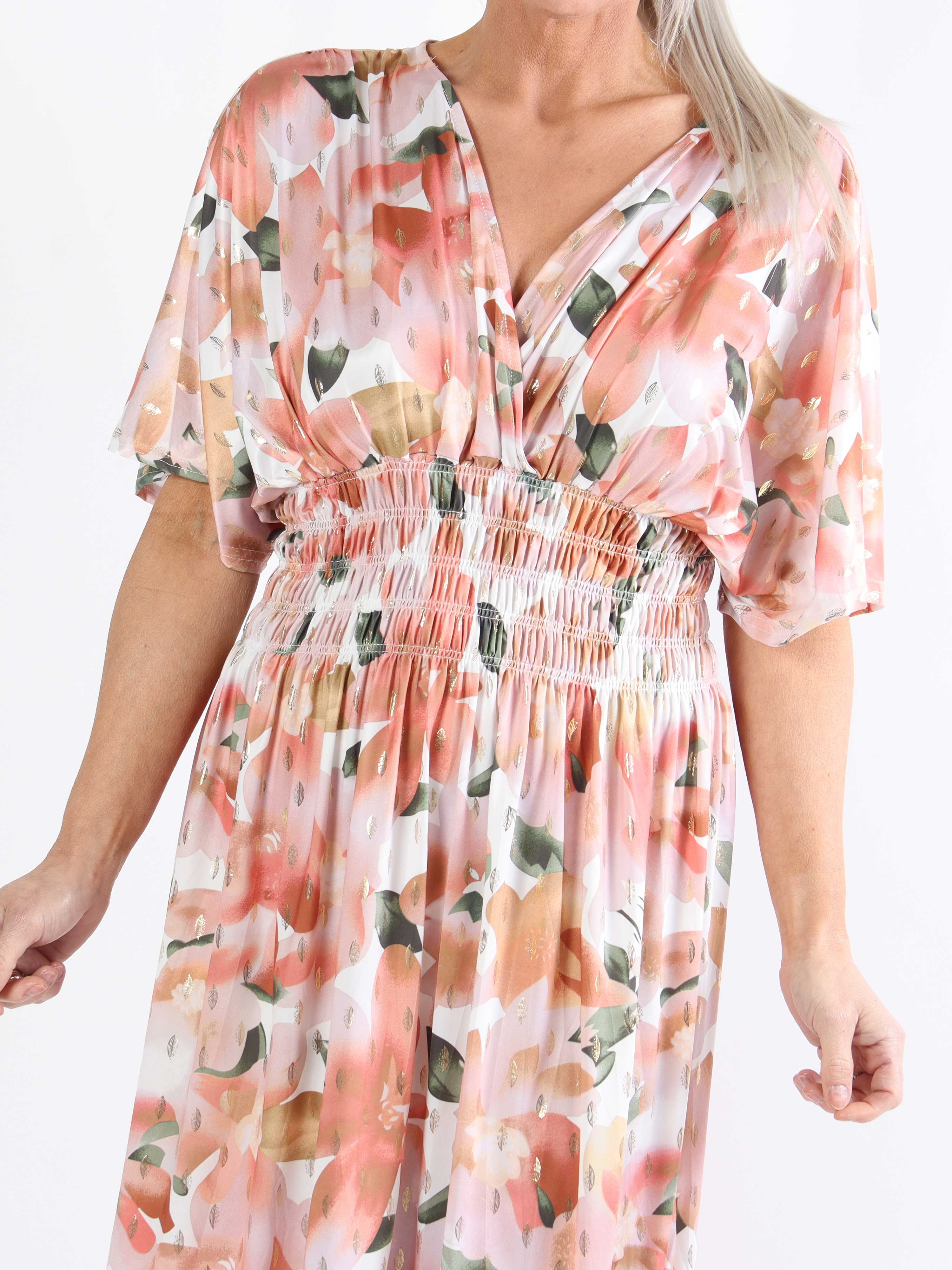 Pams Sweet Flower Midi - Elastisk plus size-klänning i skrynkelfritt tyg